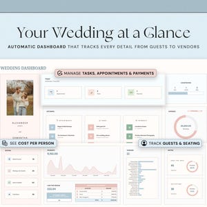 May include: A digital wedding dashboard with the text "Your Wedding at a Glance." The dashboard displays information on guests, vendors, tasks, appointments, payments, and expenses. The color scheme is primarily light blue and pink.