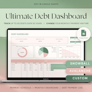 Rastreador de pago de deudas, Calculadora de avalancha de bola de nieve de deudas para Hojas de cálculo de Google / Planificador sin deudas, Rastreador de préstamos, Pago de tarjetas de crédito, Gráfico personalizado