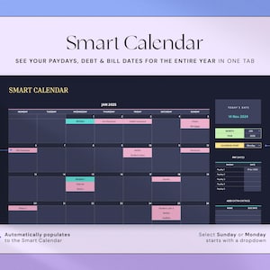 Peut inclure: Interface num&eacute;rique de calendrier intelligent avec un fond bleu fonc&eacute;. Le calendrier affiche le mois de janvier 2025, avec des entr&eacute;es cod&eacute;es par couleur pour les jours de paie, les dettes et les dates de facturation. Le texte comprend "Smart Calendar" et "Voir vos dates de paie, de dettes et de factures pour toute l'ann&eacute;e en un seul onglet."