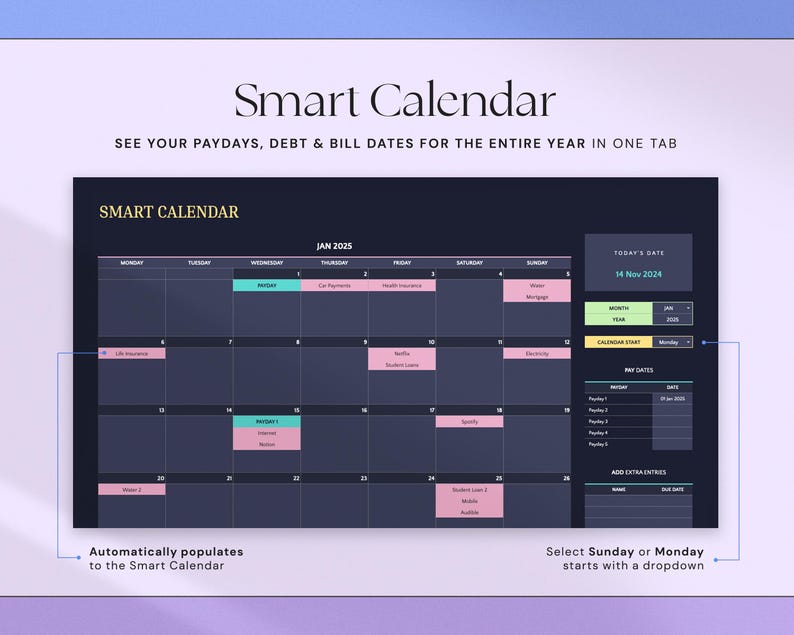 Peut inclure: Interface num&eacute;rique de calendrier intelligent avec un fond bleu fonc&eacute;. Le calendrier affiche le mois de janvier 2025, avec des entr&eacute;es cod&eacute;es par couleur pour les jours de paie, les dettes et les dates de facturation. Le texte comprend "Smart Calendar" et "Voir vos dates de paie, de dettes et de factures pour toute l'ann&eacute;e en un seul onglet."