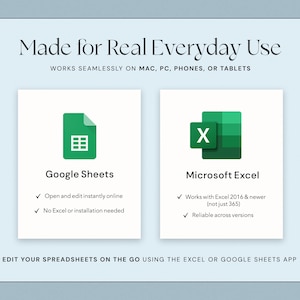 May include: A light blue graphic with the text "Made for Real Everyday Use" and two green icons for Google Sheets and Microsoft Excel. The text below the icons reads "Edit your spreadsheets on the go using the Excel or Google Sheets app."