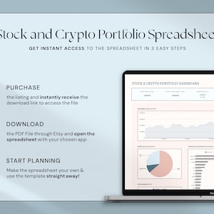 May include: A laptop displaying a "Stock and Crypto Portfolio Spreadsheet" dashboard. The screen shows charts and data visualizations. Text on the screen includes "Purchase," "Download," and "Start Planning." The laptop is on a light blue background.