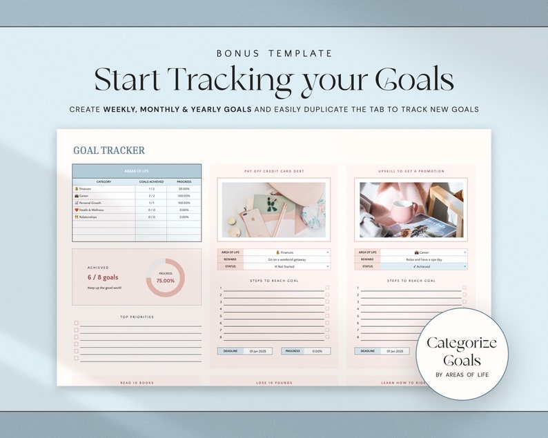 May include: A digital goal tracker template with a soft pink and white design. The template includes sections for weekly, monthly, and yearly goals, with progress tracking and areas of life categorization. Text on the image reads "Start Tracking your Goals".