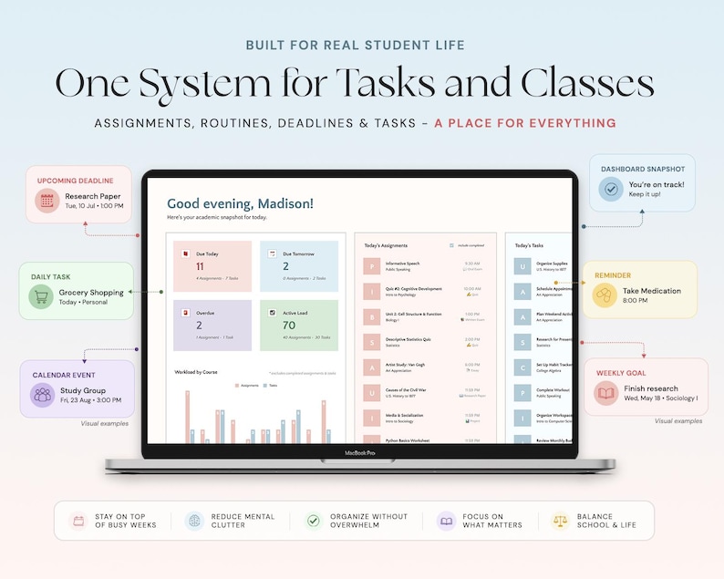 May include: A laptop screen displays a student task management system. The interface shows upcoming deadlines, daily tasks, and a calendar event. Text on the screen reads "One System for Tasks and Classes" and "Good evening, Madison!"