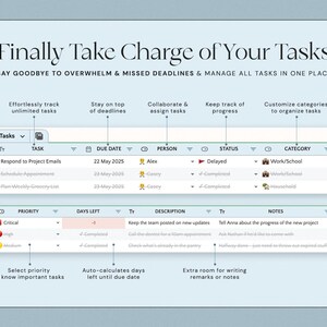 K&ouml;nnte beinhalten: Eine digitale Planer-Oberfl&auml;che mit dem Text "Finally Take Charge of Your Tasks". Die Oberfl&auml;che enth&auml;lt Abschnitte f&uuml;r Aufgaben, F&auml;lligkeitstermine und Kategorien. Sie erm&ouml;glicht es Benutzern, den Fortschritt zu verfolgen, Aufgaben zuzuweisen und Kategorien anzupassen.