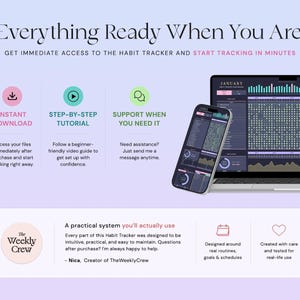 May include: A digital habit tracker display featuring a laptop and smartphone showing data charts. Text includes Everything Ready When You Are, Instant Download, Step-by-Step Tutorial, Support When You Need It, and The Weekly Crew by Nica.