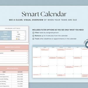 K&ouml;nnte beinhalten: Digitales Smart Calendar-Interface mit hellblauem Hintergrund. Der Kalender zeigt eine Monatsansicht mit rosa und blauen Akzenten. Funktionen umfassen Filteroptionen, Aufgabenverwaltung und das Hinzuf&uuml;gen von Eintr&auml;gen.