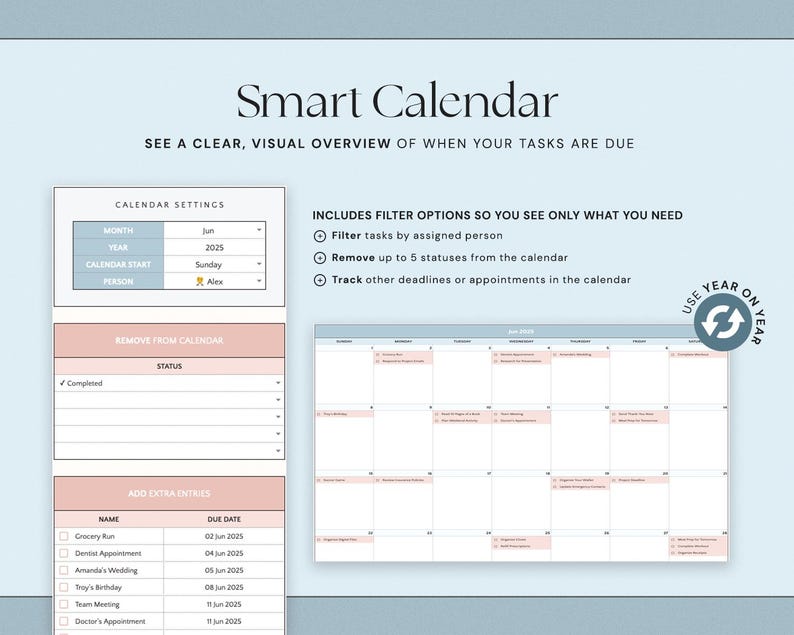 K&ouml;nnte beinhalten: Digitales Smart Calendar-Interface mit hellblauem Hintergrund. Der Kalender zeigt eine Monatsansicht mit rosa und blauen Akzenten. Funktionen umfassen Filteroptionen, Aufgabenverwaltung und das Hinzuf&uuml;gen von Eintr&auml;gen.