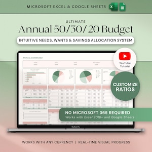 May include: A laptop screen displays a financial dashboard with charts and tables. The text reads "Annual 50/30/20 Budget" and "Intuitive Needs, Wants & Savings Allocation System." Additional text includes "Customize Ratios" and "Works with Excel 2016+ and Google Sheets."