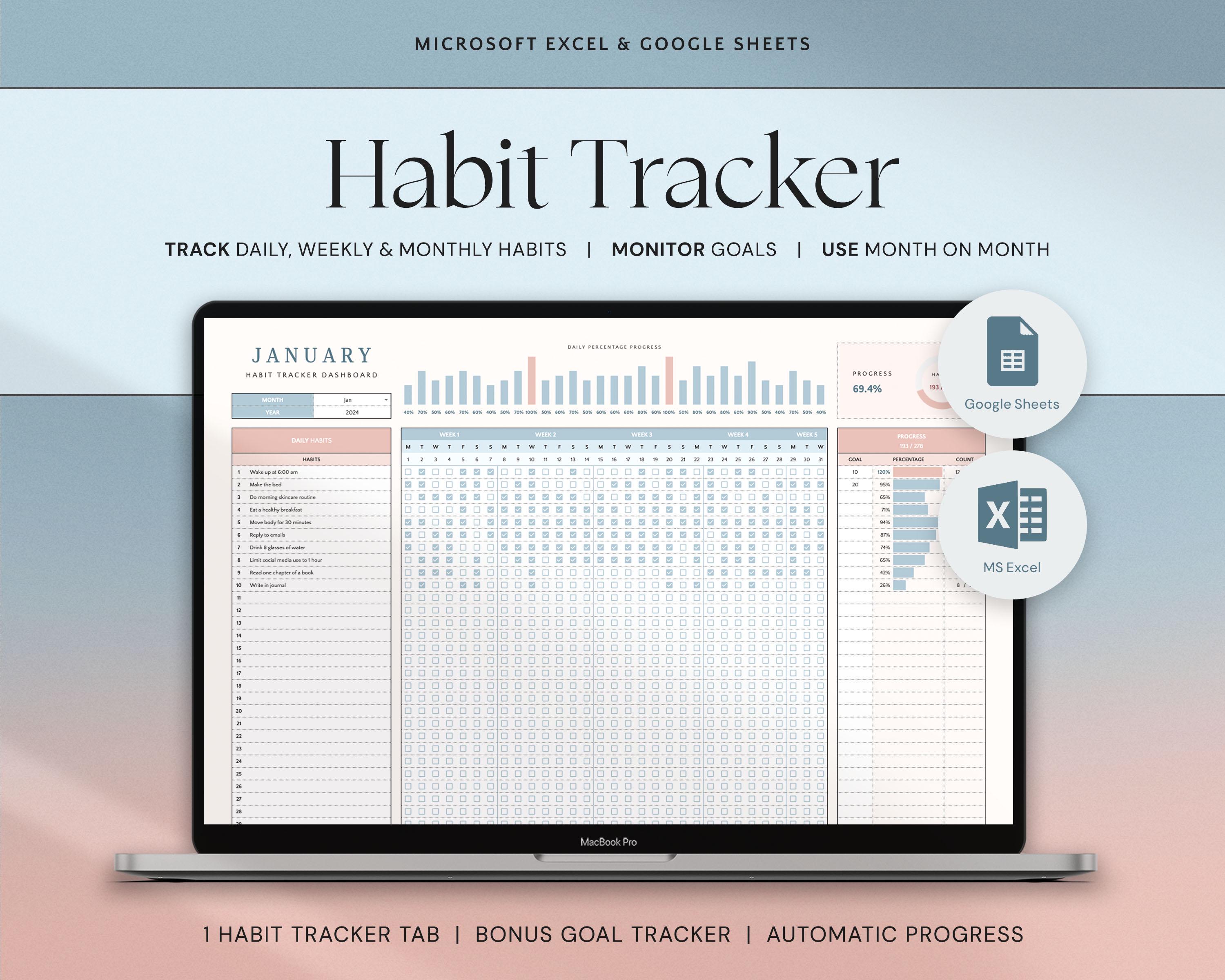 Habit Tracker Spreadsheet Google Sheets Excel Template Daily Habit Planner Goal Tracker Weekly Habit Goal Planner Monthly Habit Routine