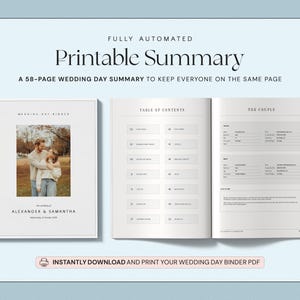 May include: A printable wedding day summary with the text "Printable Summary" and "A 58-PAGE WEDDING DAY SUMMARY TO KEEP EVERYONE ON THE SAME PAGE." The cover features a photo of a couple. The open book shows a table of contents and a section titled "THE COUPLE."