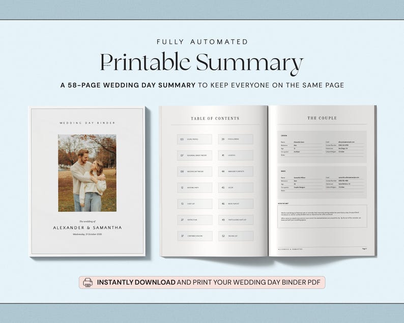 May include: A printable wedding day summary with the text "Printable Summary" and "A 58-PAGE WEDDING DAY SUMMARY TO KEEP EVERYONE ON THE SAME PAGE." The cover features a photo of a couple. The open book shows a table of contents and a section titled "THE COUPLE."