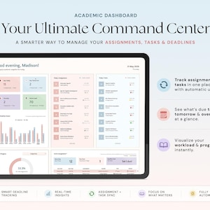 May include: A digital tablet displaying an academic dashboard with the text "Your Ultimate Command Center." The interface shows assignment tracking, real-time insights, and task synchronization. The screen is white with blue and pink accents.