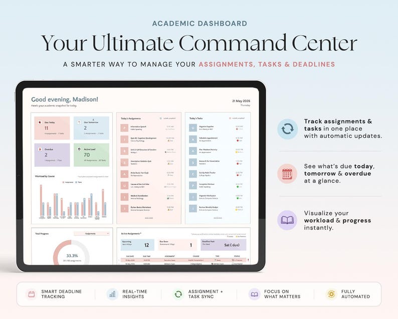 May include: A digital tablet displaying an academic dashboard with the text "Your Ultimate Command Center." The interface shows assignment tracking, real-time insights, and task synchronization. The screen is white with blue and pink accents.