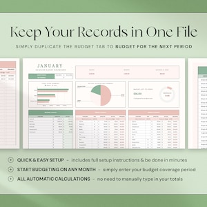 May include: Digital budget dashboard with a green and pink color scheme. The text reads "Keep Your Records in One File" and "January". Features include quick setup, budgeting for any month, and automatic calculations.
