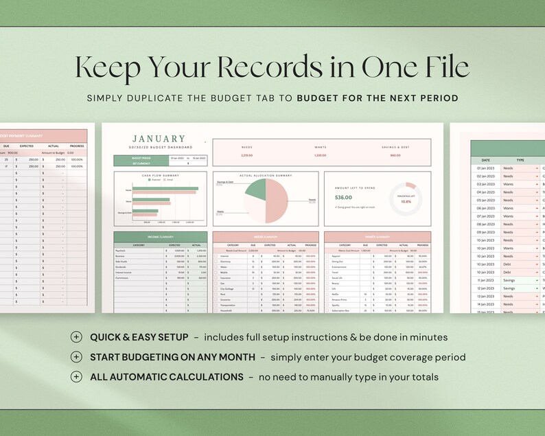 May include: Digital budget dashboard with a green and pink color scheme. The text reads "Keep Your Records in One File" and "January". Features include quick setup, budgeting for any month, and automatic calculations.