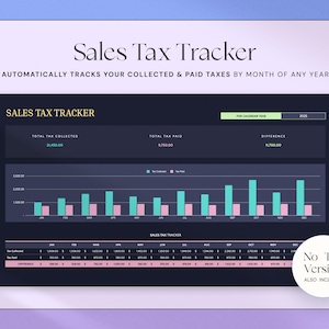May include: A dark blue sales tax tracker with the title "Sales Tax Tracker" and the text "Automatically tracks your collected & paid taxes by month of any year." The tracker includes a bar graph and a table with tax information.