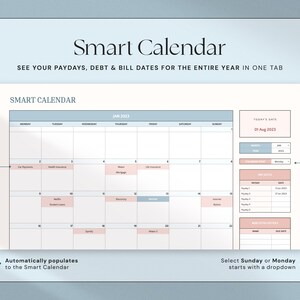 May include: A digital Smart Calendar with a light blue and white design. The calendar displays the month of January 2023, with sections for paydays, debt, and bill dates. Text includes "Smart Calendar" and "See your paydays, debt & bill dates for the entire year in one tab."
