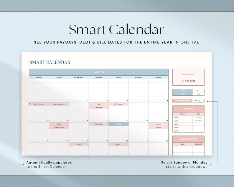 May include: A digital Smart Calendar with a light blue and white design. The calendar displays the month of January 2023, with sections for paydays, debt, and bill dates. Text includes "Smart Calendar" and "See your paydays, debt & bill dates for the entire year in one tab."