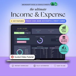 Income and Expense Tracker Excel Google Sheets Monthly Expenses Spreadsheet Profit and Loss Bookkeeping Template Financial Planner Dark Mode