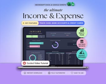Income and Expense Tracker Excel Google Sheets Monthly Expenses Spreadsheet Profit and Loss Bookkeeping Template Financial Planner Dark Mode
