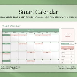 以下が含まれることがあります： 上部に「Smart Calendar」というタイトルのデジタルスマートカレンダーインターフェース。カレンダーには、請求書と負債の支払いカテゴリとともに、2023年1月の月が表示されます。インターフェースには、日付表示とカレンダーエントリセクションが含まれています。「Easily assign bills & debt payments to different paychecks with a calendar」というテキストも表示されます。