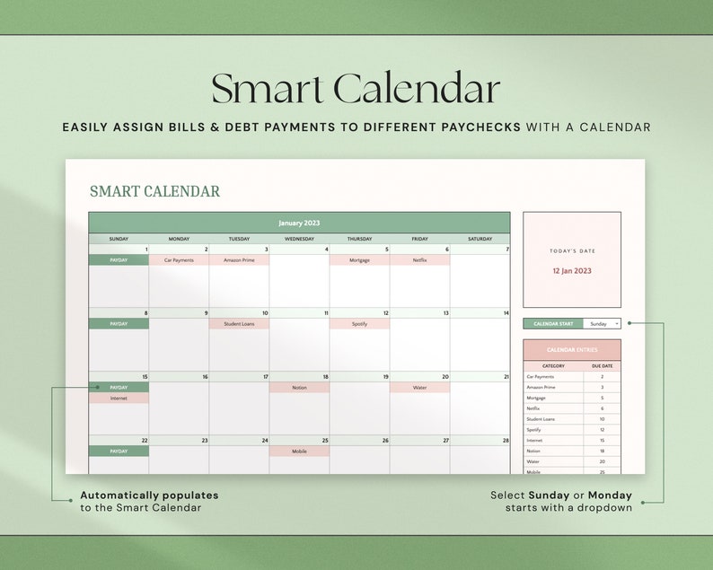 以下が含まれることがあります： 上部に「Smart Calendar」というタイトルのデジタルスマートカレンダーインターフェース。カレンダーには、請求書と負債の支払いカテゴリとともに、2023年1月の月が表示されます。インターフェースには、日付表示とカレンダーエントリセクションが含まれています。「Easily assign bills & debt payments to different paychecks with a calendar」というテキストも表示されます。