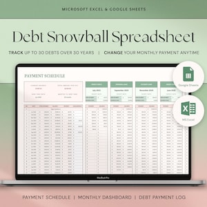 Hoja de cálculo de Excel para la bola de nieve de deudas Hojas de cálculo de Google Rastreador de pago de deudas Calculadora de Excel para la bola de nieve de deudas Pago de préstamos estudiantiles Gráfico de pago de deuda de vivienda