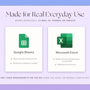 Peut inclure: Image avec le texte "Made for Real Everyday Use" et les logos de Google Sheets et Microsoft Excel. Le logo Google Sheets est un document vert avec une grille, et le logo Excel est un "X" vert. Le texte indique que les applications fonctionnent sur plusieurs appareils.