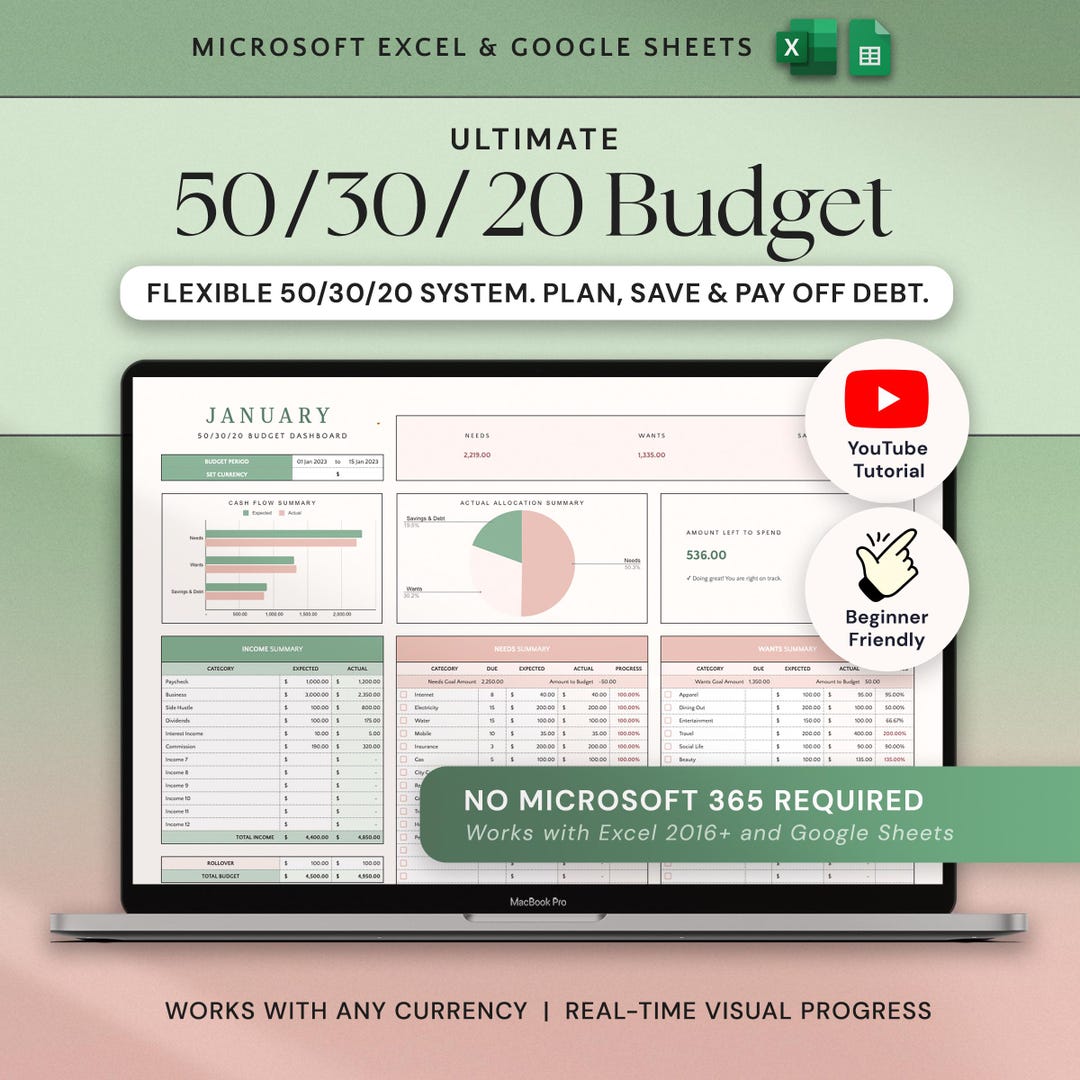50/30/20 Budget Spreadsheet Excel Google Sheets Monthly Budget Planner ...