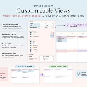 May include: A digital calendar interface with the text "Customizable Views." The interface shows options to customize the view, filter entries, and add entries. The calendar displays a weekly view with color-coded entries and the text "Before: All entries" and "After: Filtered view."