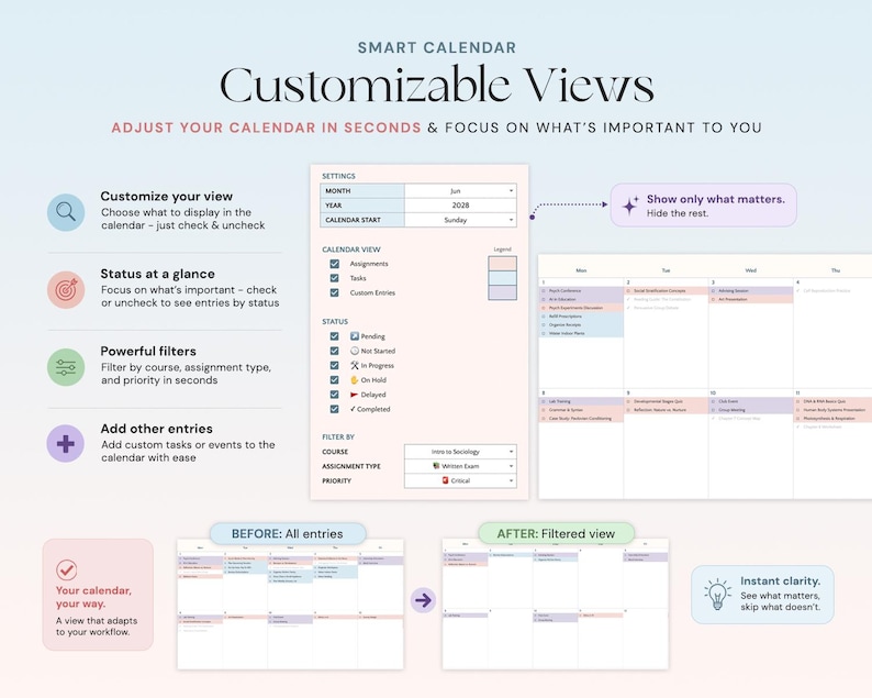 May include: A digital calendar interface with the text "Customizable Views." The interface shows options to customize the view, filter entries, and add entries. The calendar displays a weekly view with color-coded entries and the text "Before: All entries" and "After: Filtered view."