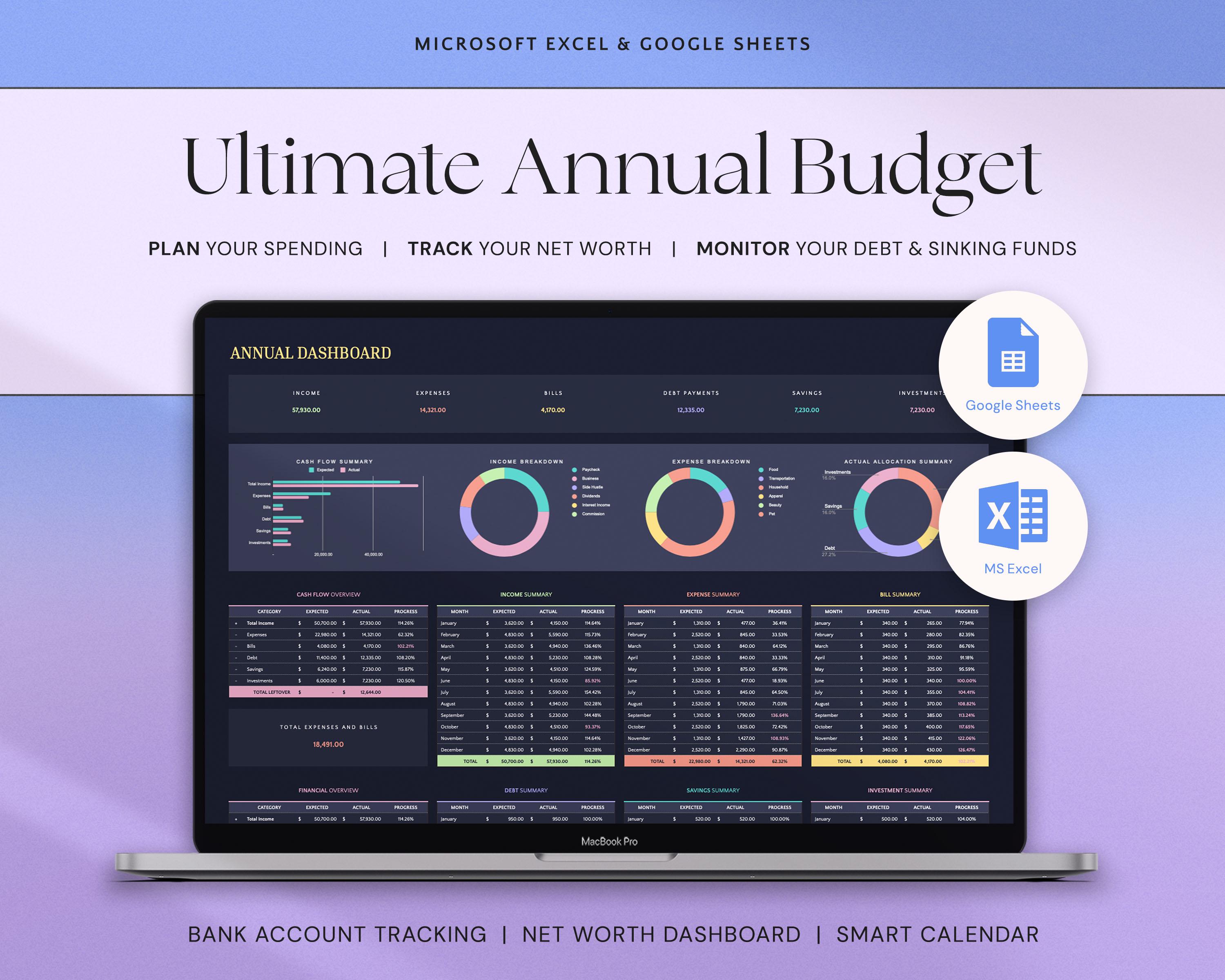Ultimate Annual Budget Spreadsheet Google Sheets Excel Budget Template Monthly Budget Planner Family Weekly Yearly Budget Tracker Dark Mode