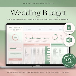Może przedstawiać: Ekran laptopa wyświetlający arkusz kalkulacyjny budżetu weselnego. Ekran pokazuje wizualizacje danych i tabele z tekstem "Wedding Budget" i "Track Payments by Vendor & Monitor Expenses by Category." Widoczne są ikony dla Arkuszy Google i MS Excel.