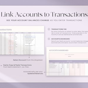 K&ouml;nnte beinhalten: Ein digitales Finanzplanungstool mit dem Text "Link Accounts to Transactions". Das Bild zeigt eine Tabelle mit Transaktionsdetails und ein Konten-Dashboard. Funktionen umfassen Dropdown-Auswahl und automatische Saldenaktualisierungen.