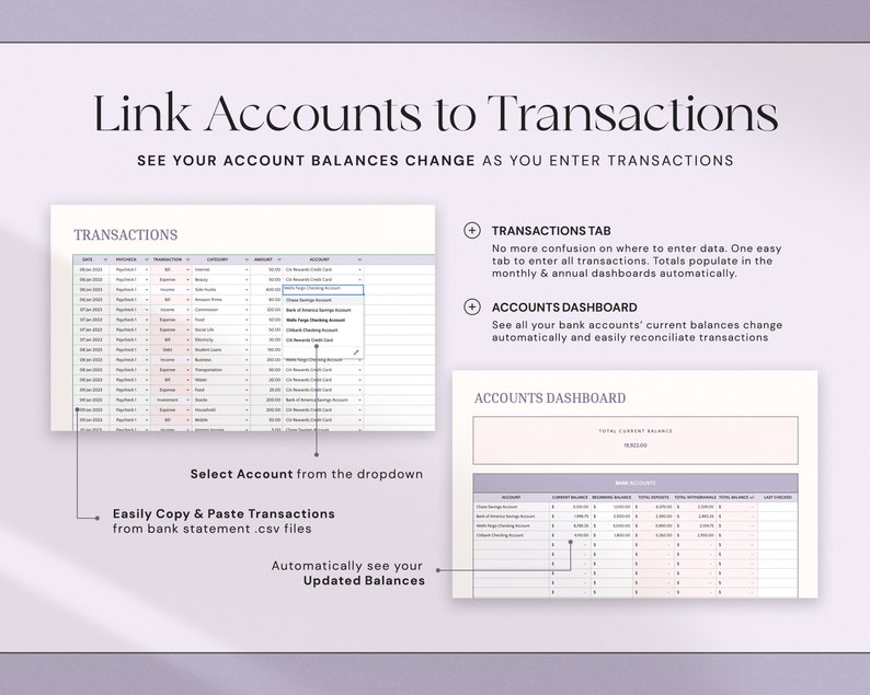 K&ouml;nnte beinhalten: Ein digitales Finanzplanungstool mit dem Text "Link Accounts to Transactions". Das Bild zeigt eine Tabelle mit Transaktionsdetails und ein Konten-Dashboard. Funktionen umfassen Dropdown-Auswahl und automatische Saldenaktualisierungen.