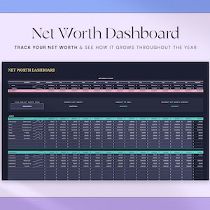 Peut inclure: Un tableau de bord num&eacute;rique de la valeur nette avec le titre "Net Worth Dashboard" et le texte "Suivez votre valeur nette et voyez comment elle cro&icirc;t tout au long de l'ann&eacute;e". Le tableau de bord est une feuille de calcul avec des lignes et des colonnes, et une palette de couleurs bleu fonc&eacute; et sarcelle.