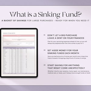 Puede incluir: Una tableta digital muestra una gu&iacute;a de planificaci&oacute;n financiera titulada "&iquest;Qu&eacute; es un fondo de amortizaci&oacute;n?". La pantalla muestra una hoja de c&aacute;lculo y vi&ntilde;etas que explican el concepto de ahorro para compras grandes. El texto incluye "No dejes que una gran compra afecte tus finanzas".