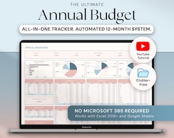 Może przedstawiać: Laptop wyświetla arkusz kalkulacyjny zatytułowany "Annual Budget". Ekran pokazuje wykresy i tabele danych z tekstem "ALL-IN-ONE TRACKER. AUTOMATED 12-MONTH SYSTEM." Dodatkowy tekst to "NO MICROSOFT 365 REQUIRED" i "Works with Excel 2016+ and Google Sheets."