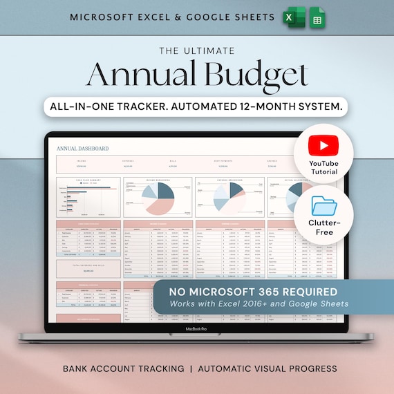 Excel Annual Budget Google Sheets Yearly Budget Template Financial Planner Net Worth Tracker Monthly Budget Dashboard, Budgeting Excel