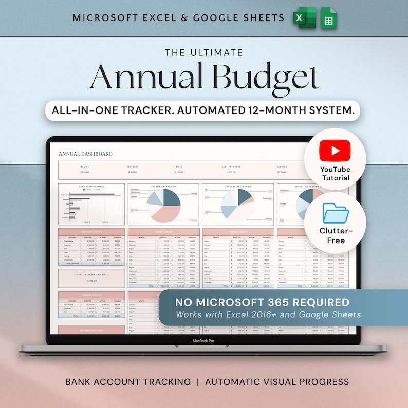 May include: A laptop displays a spreadsheet titled "Annual Budget." The screen shows charts and data tables, with text reading "ALL-IN-ONE TRACKER. AUTOMATED 12-MONTH SYSTEM." Additional text includes "NO MICROSOFT 365 REQUIRED" and "Works with Excel 2016+ and Google Sheets."