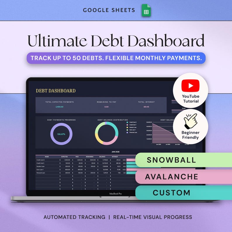May include: A laptop displays the "Ultimate Debt Dashboard" in Google Sheets. The screen shows debt payment progress, balance distribution, and payment options. Text includes "Track up to 50 debts" and "Beginner Friendly."