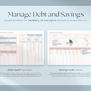 May include: A digital financial planning template with the text "Manage Debt and Savings." The image features a "Debt Payoff Calculator" and a "Sinking Funds Tracker" with charts and tables. The color scheme includes light blue, pink, and white.
