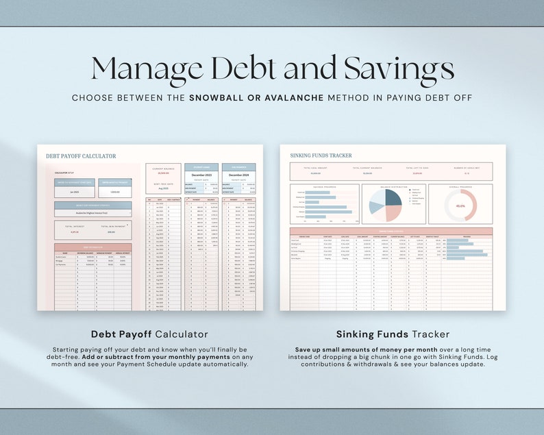 May include: A digital financial planning template with the text "Manage Debt and Savings." The image features a "Debt Payoff Calculator" and a "Sinking Funds Tracker" with charts and tables. The color scheme includes light blue, pink, and white.