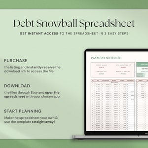 May include: A digital debt snowball spreadsheet displayed on a MacBook Pro. The spreadsheet shows a payment schedule with columns for payment date, total payment, balance, and interest. Text on the screen reads "Debt Snowball Spreadsheet."