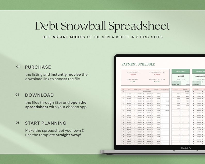 May include: A digital debt snowball spreadsheet displayed on a MacBook Pro. The spreadsheet shows a payment schedule with columns for payment date, total payment, balance, and interest. Text on the screen reads "Debt Snowball Spreadsheet."