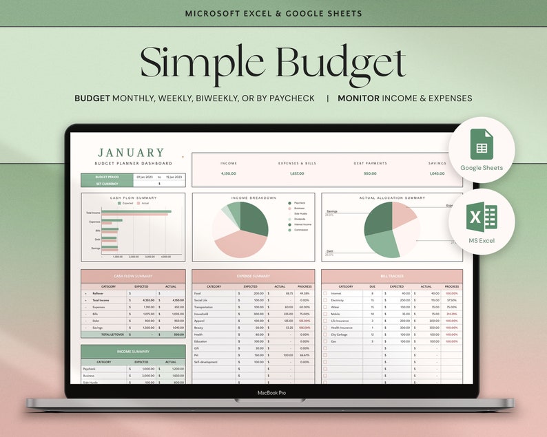Planista budżetu Arkusze Google Arkusz kalkulacyjny budżetu miesięcznego Excel Szablon budżetu tygodniowych wypłat Dwutygodniowe budżetowanie według śledzenia wydatków z wypłat zdjęcie 1