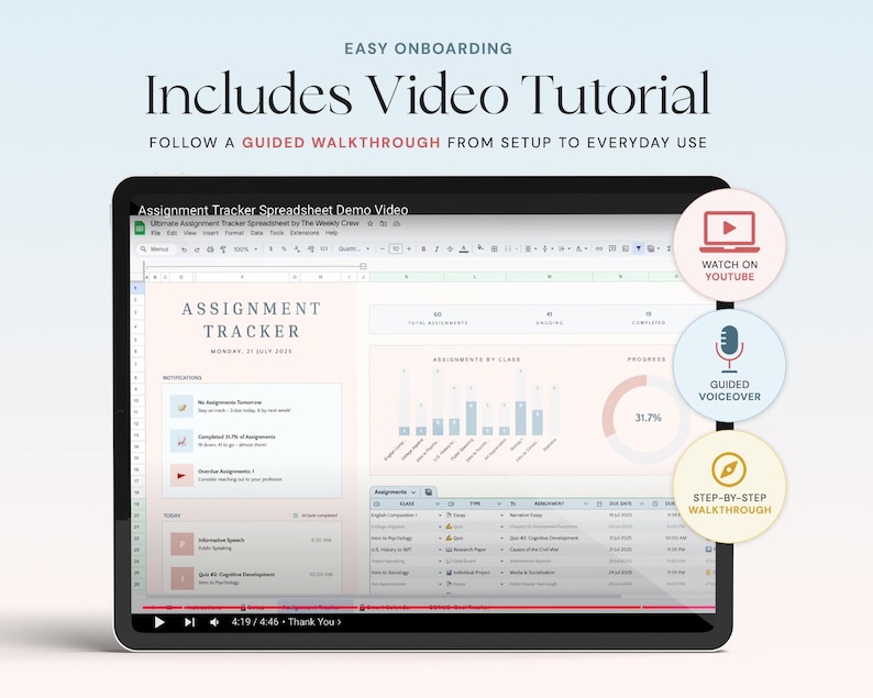 May include: A digital tablet displays a spreadsheet titled "Assignment Tracker." The screen shows a video tutorial with the text "Includes Video Tutorial." Additional icons indicate a YouTube video, guided voiceover, and step-by-step walkthrough.