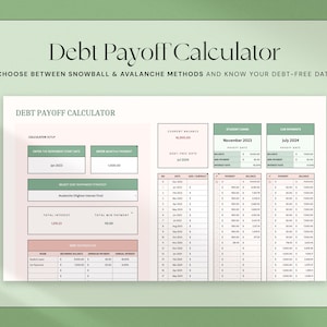 May include: A debt payoff calculator with a light green background. The calculator includes fields for entering the repayment start date, monthly payment, and debt repayment strategy. The text "Debt Payoff Calculator" is at the top, with instructions below.