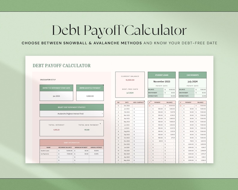May include: A debt payoff calculator with a light green background. The calculator includes fields for entering the repayment start date, monthly payment, and debt repayment strategy. The text "Debt Payoff Calculator" is at the top, with instructions below.